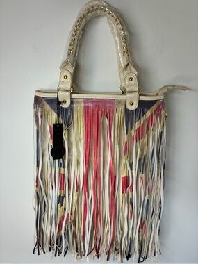 Fringed Multicolor Tote Bag - Cream with Red, Blue & Gold Accents